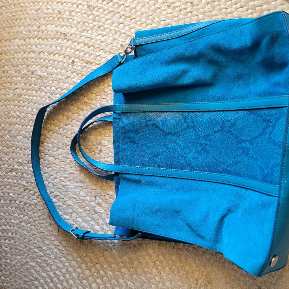 Fossil Suede and Leather Lagoon‎ Blue Carmen Tote Shopper Purse Bag
